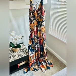 Tropical Print Caged Jumpsuit